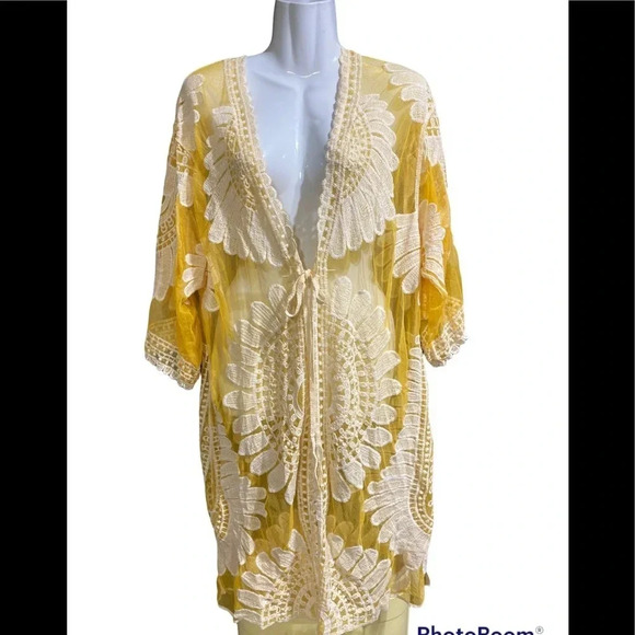 Ember Yellow Lace Embroidered Floral Kimono/Topper - Picture 2 of 7
